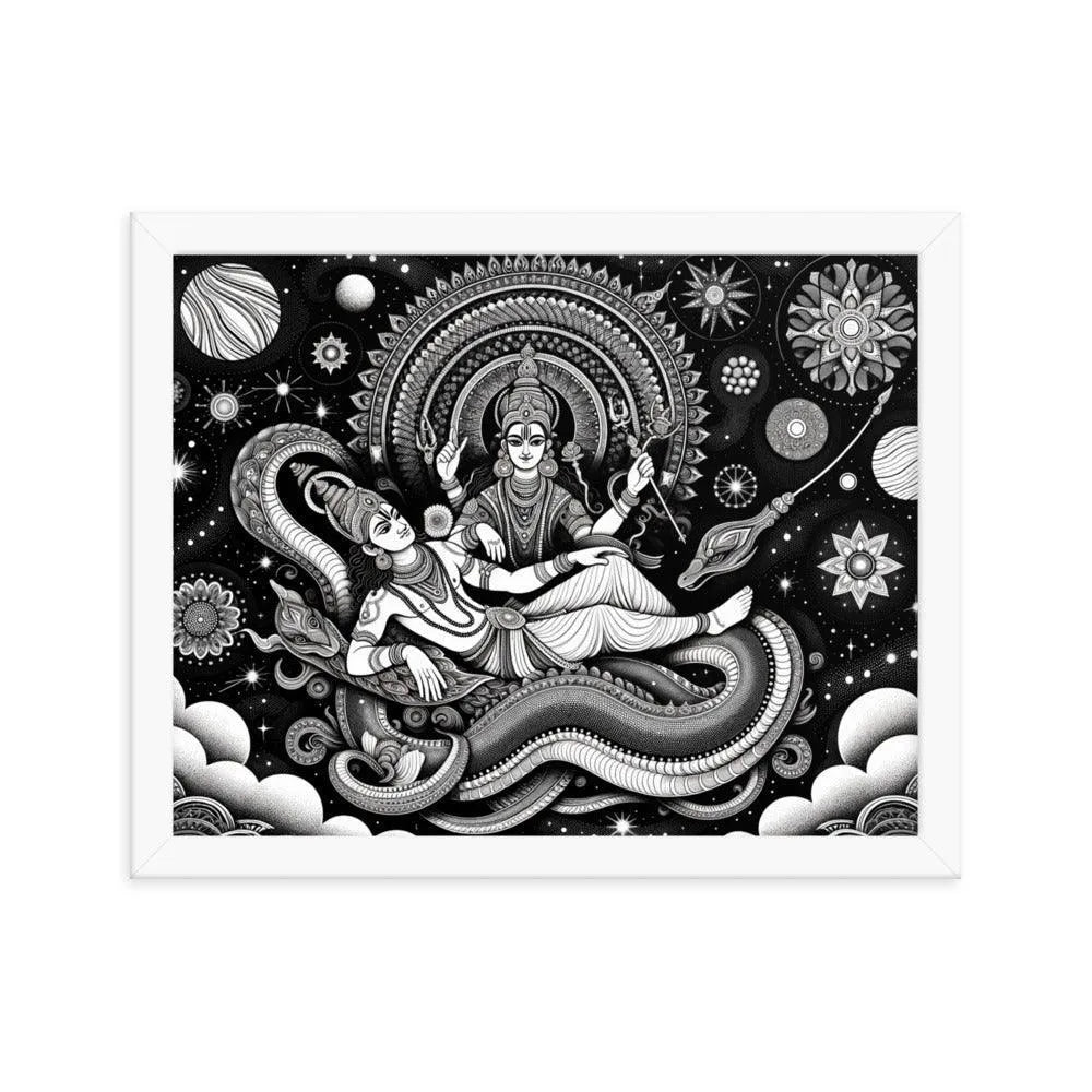 Hindu Lord Vishnu and Goddess Lakshmi Cosmic Serpent Divine Art Framed Poster - Oh Posters