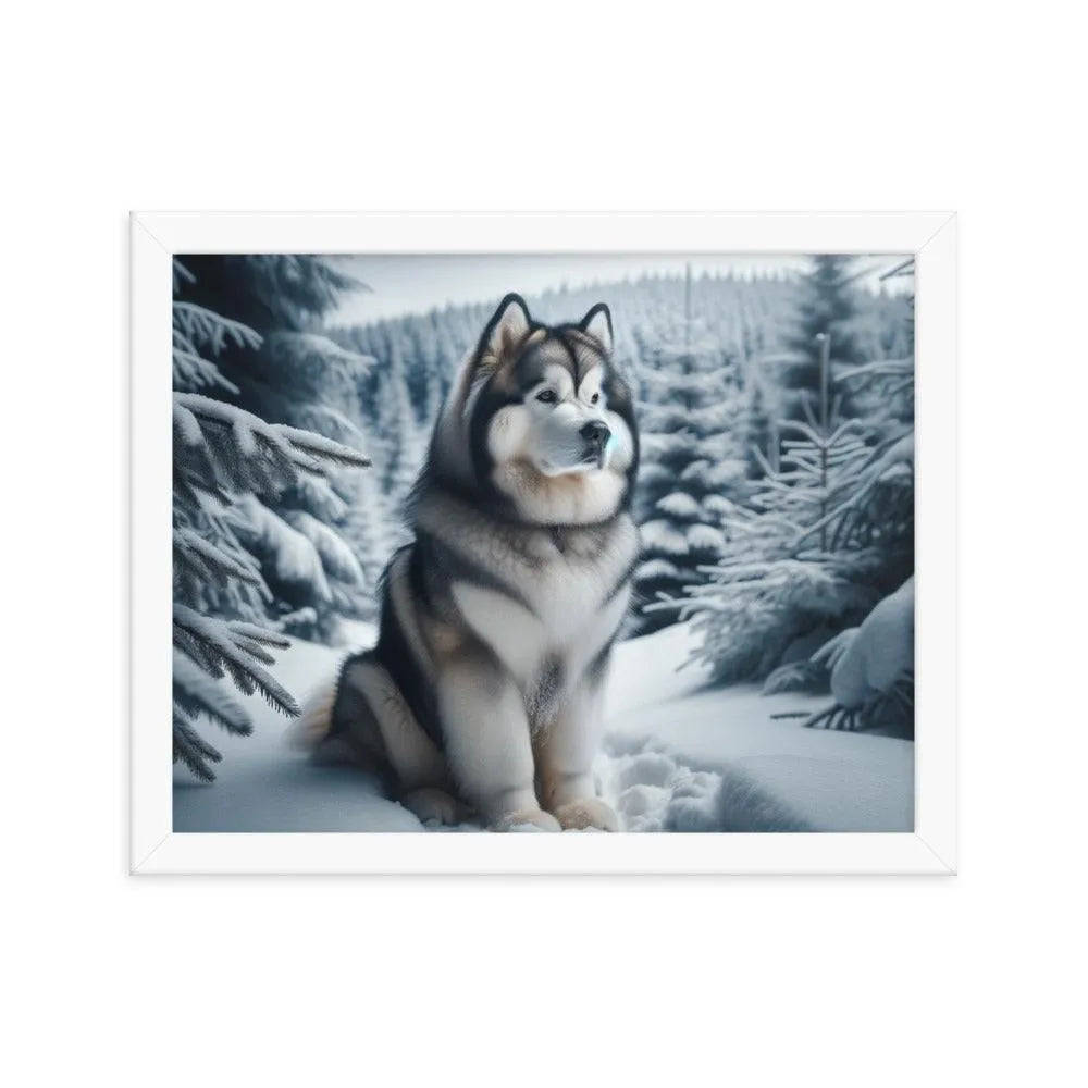 Graceful Alaskan Malamute in Wintry Forest Framed Poster - Oh Posters