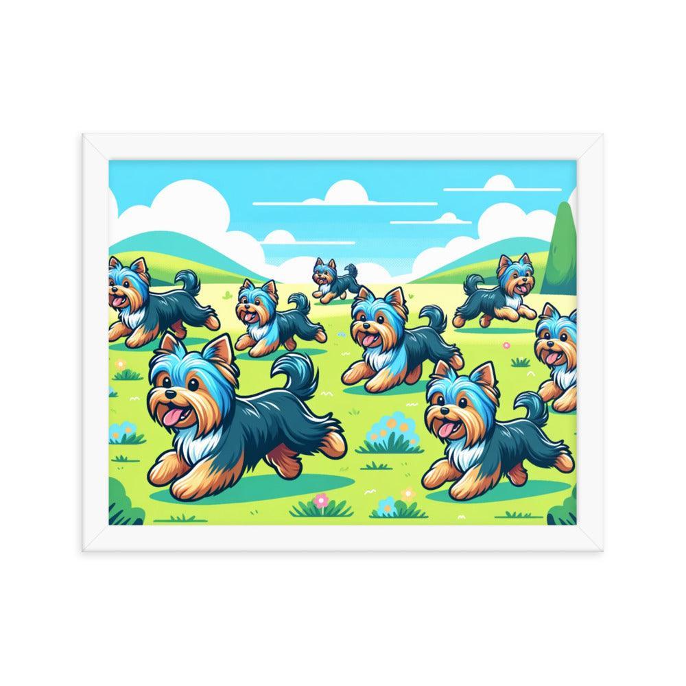 Cheerful Australian Silky Terrier Playtime Cartoon Landscape Framed Poster - Oh Posters