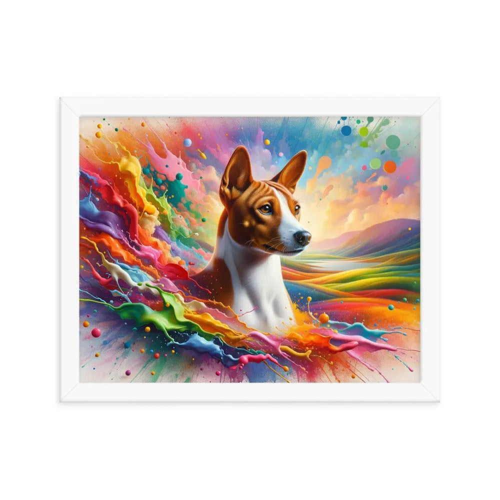 Realistic Basenji Dog Amidst Rainbow Splatter Framed Poster - Oh Posters