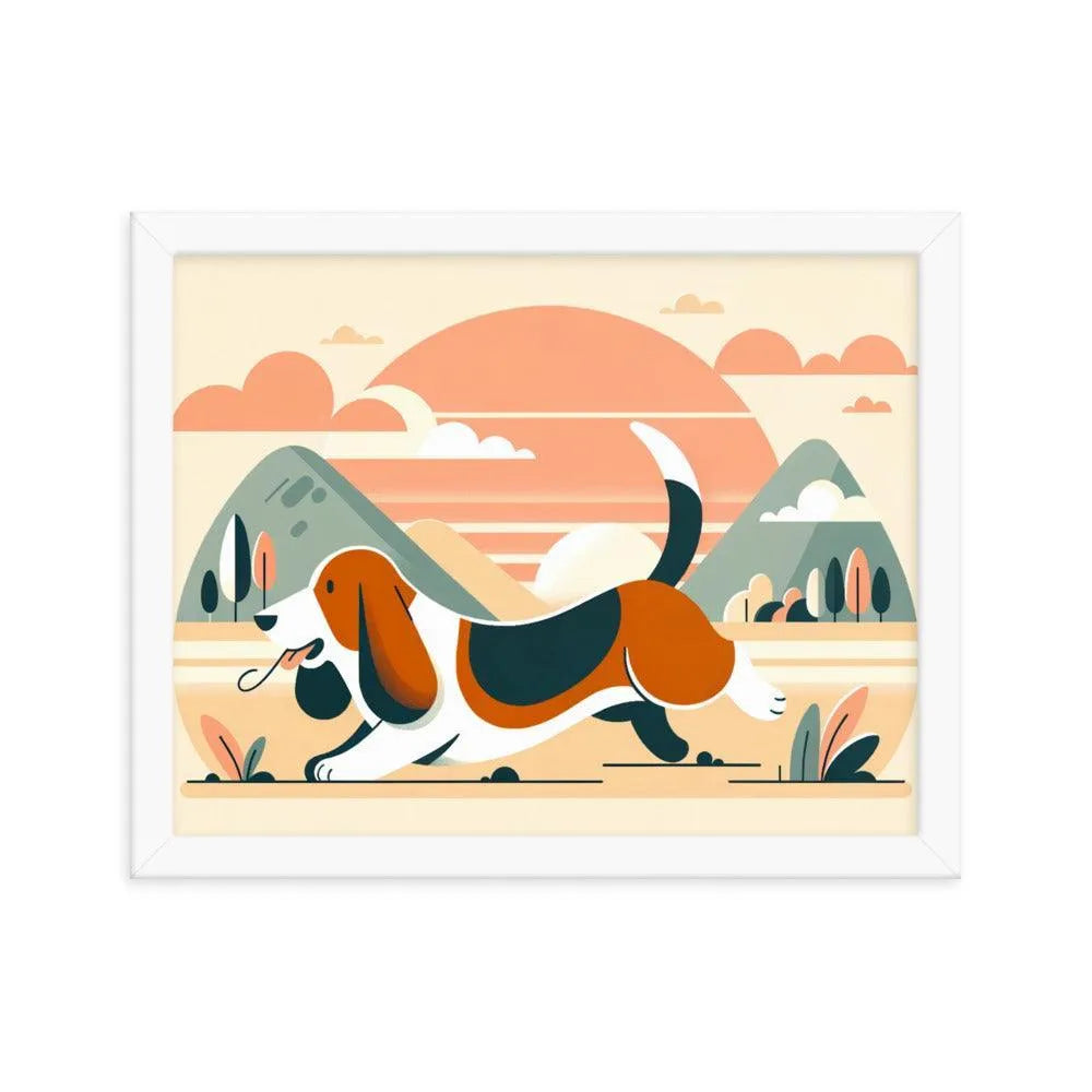 Joyful Basset Hound's Tail Chase Flat Art Framed Poster - Oh Posters