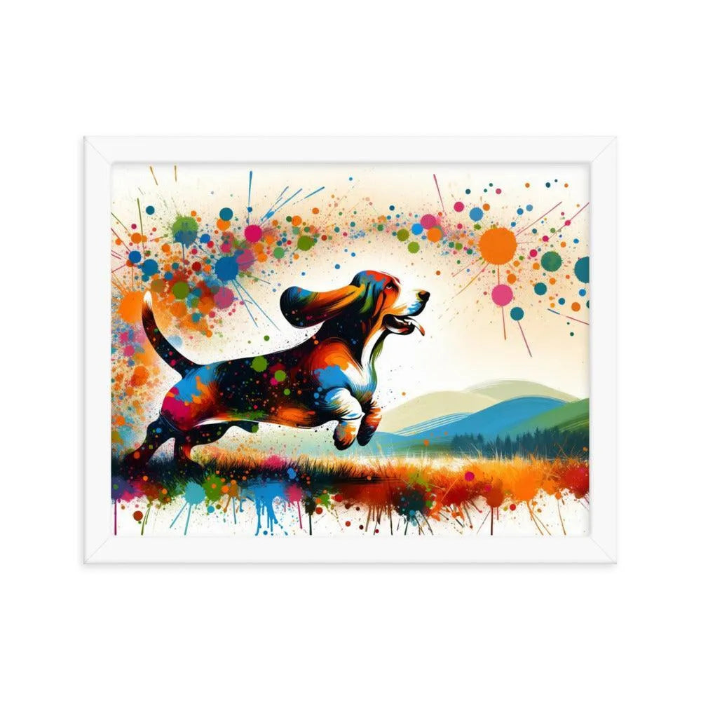 Joyful Basset Hound Playful Splatter Art Framed Poster - Oh Posters