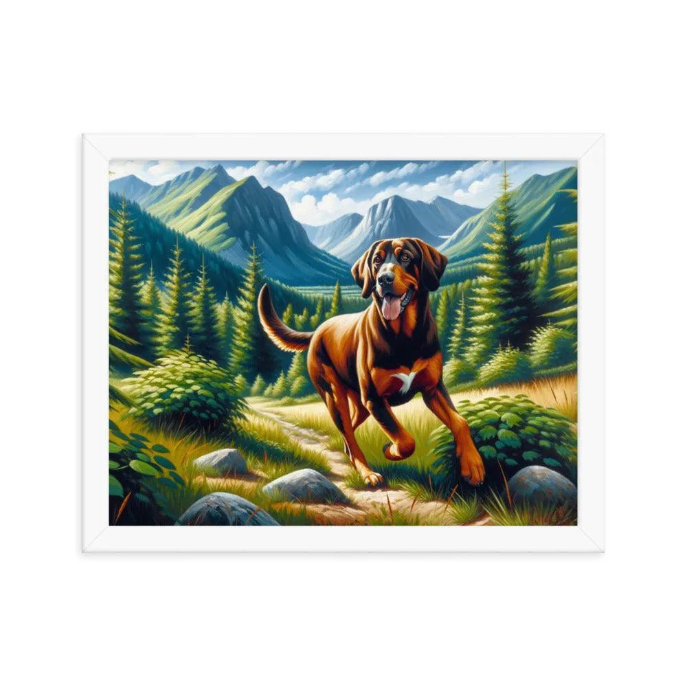 Playful Bavarian Mountain Hound in Mountain Forest Painting Framed Poster - Oh Posters