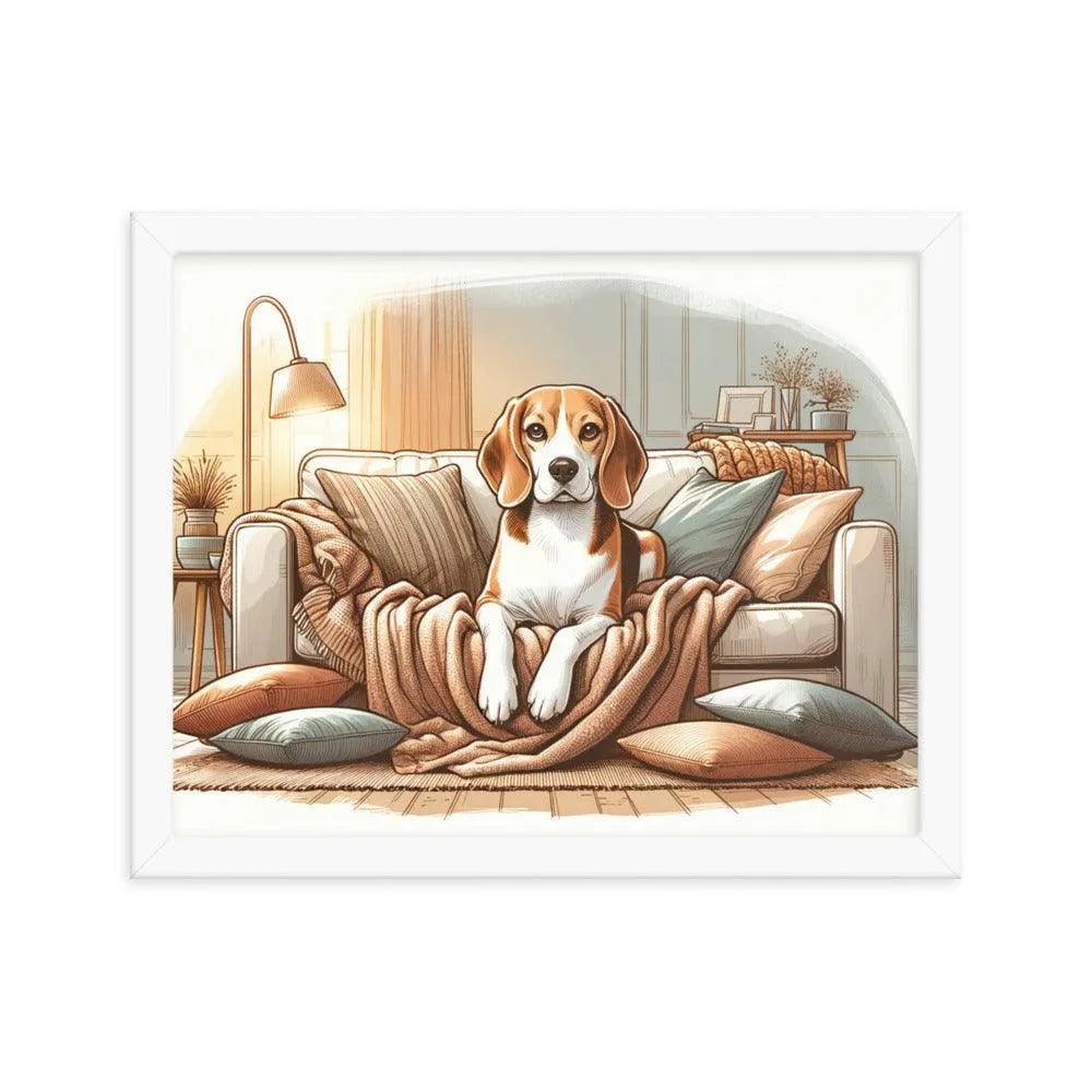 Cozy Beagle on the Couch Home Illustration Framed Poster - Oh Posters