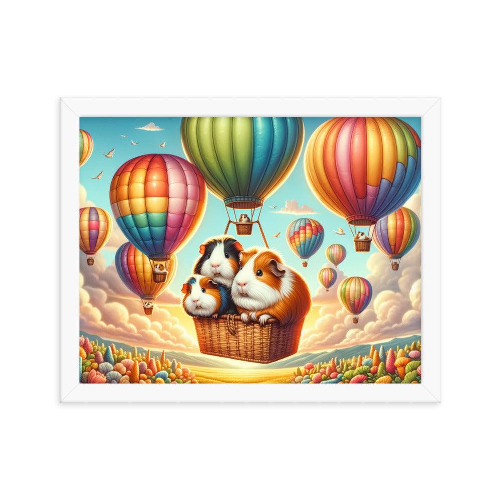 Guinea Pigs Soaring in Colorful Hot Air Balloons Illustration Framed Poster - Oh Posters