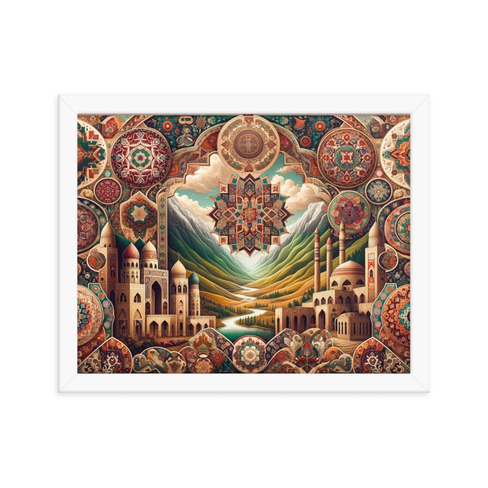 Captivating Azerbaijani Art Essence: Traditional Carpet Designs, Folkloric Symbols & Scenic Landscape Background Framed Poster - Oh Posters