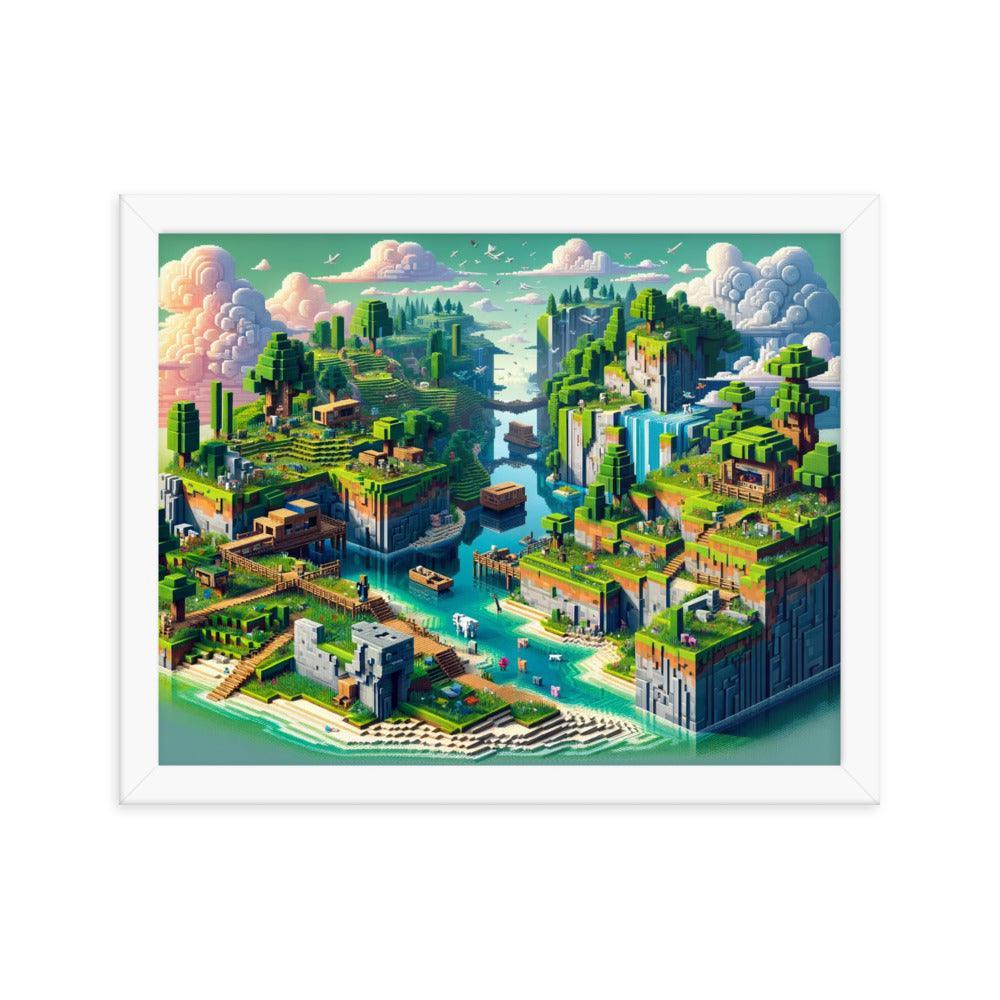 Minecraft Inspired Vibrant Block Landscape Digital Art Framed Poster - Oh Posters