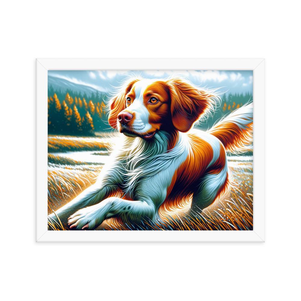 Brittany Dog in Nature Dynamic Pose with Vibrant Outdoor Scene Framed Poster - Oh Posters