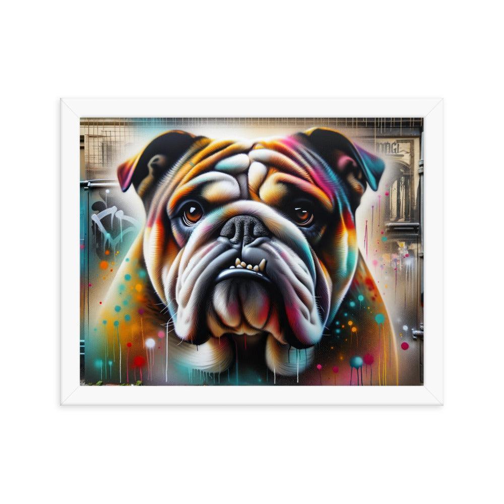 English Bulldog Graffiti Art with Vibrant Spray Paint and Urban Background Framed Poster - Oh Posters