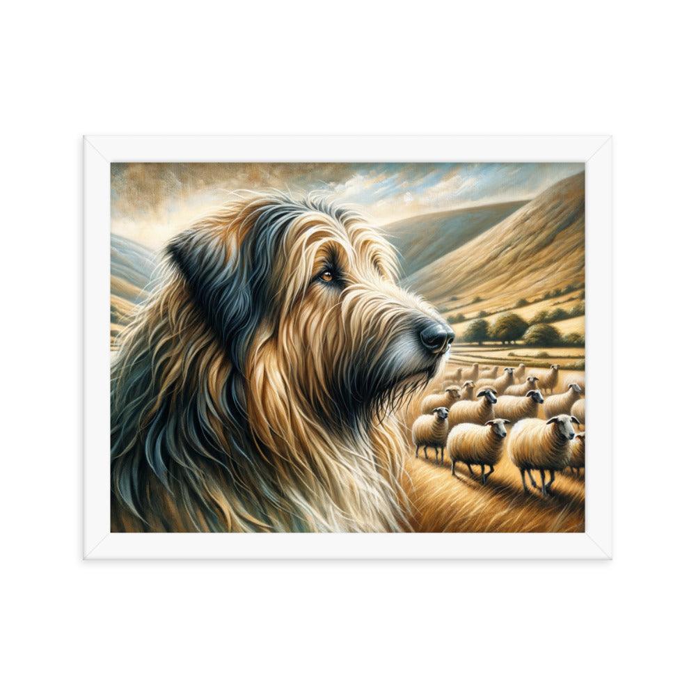 Catalan Sheepdog in Pastoral Setting with Flock and Rolling Hills Framed Poster - Oh Posters