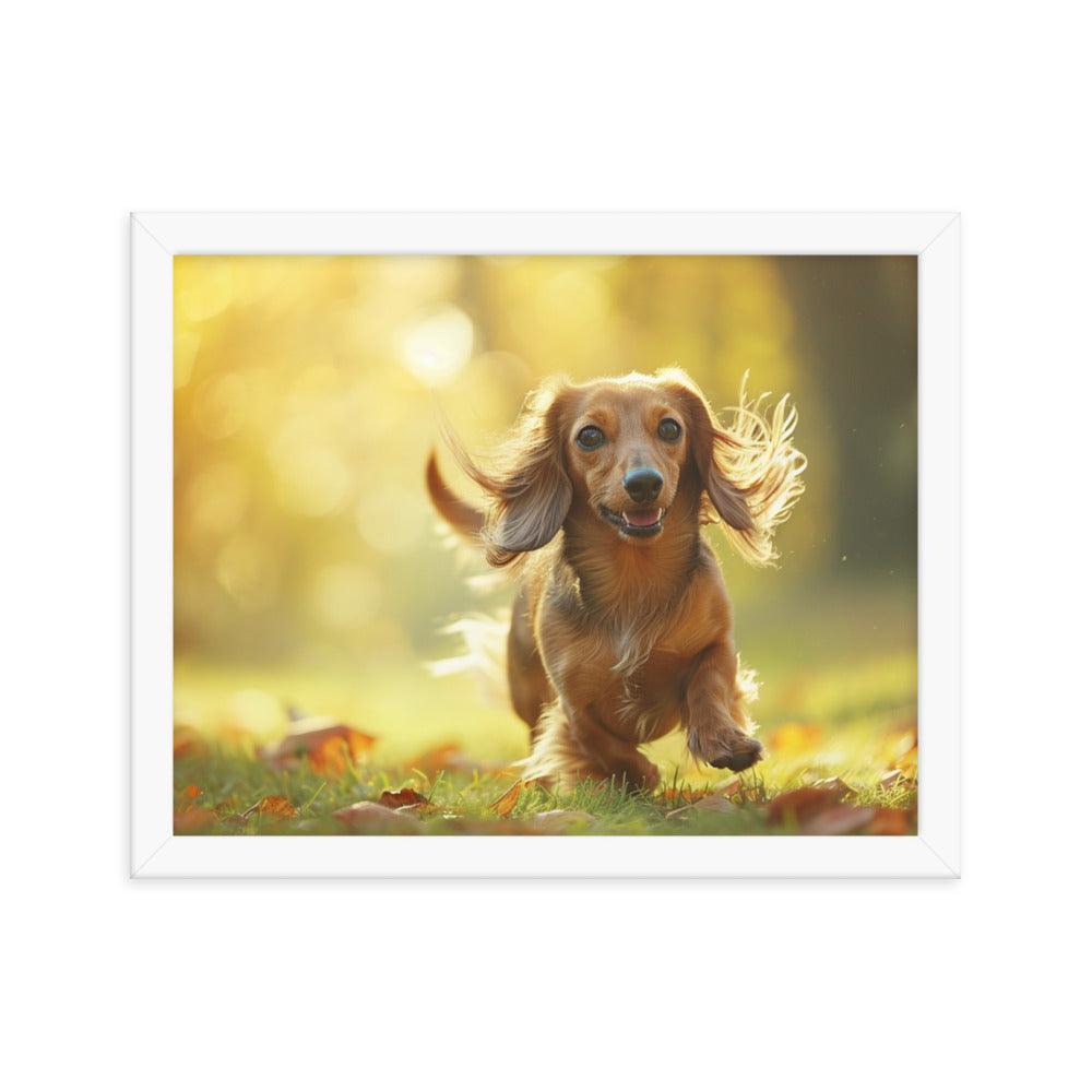 Joyful Long-Haired Dachshund's Playful in Autumn Framed Poster - Oh Posters