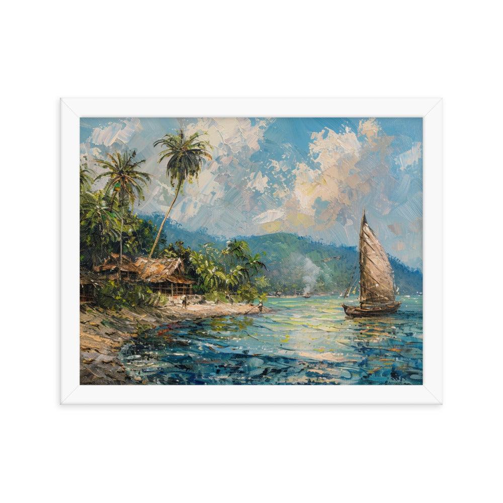 Comoros Beachside Hut and Sailboat Tropical Scene Framed Poster - Oh Posters