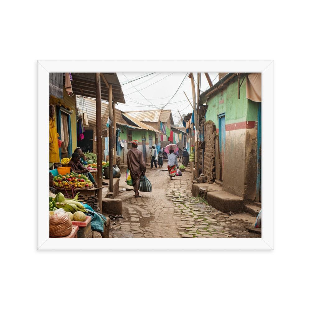 Ethiopia Vibrant Market Street with Fresh Produce Framed Poster - Oh Posters