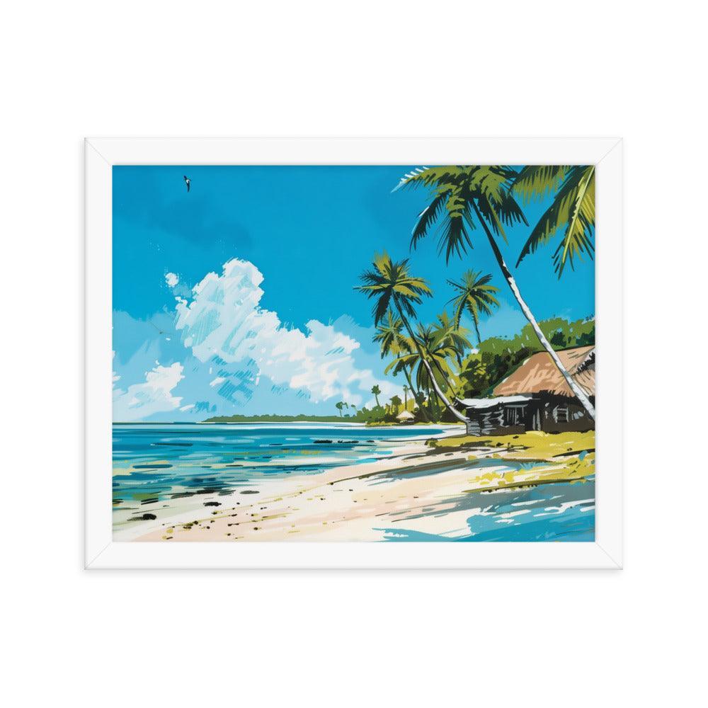 Kiribati Tropical Beach Hut Illustration Framed Poster - Oh Posters