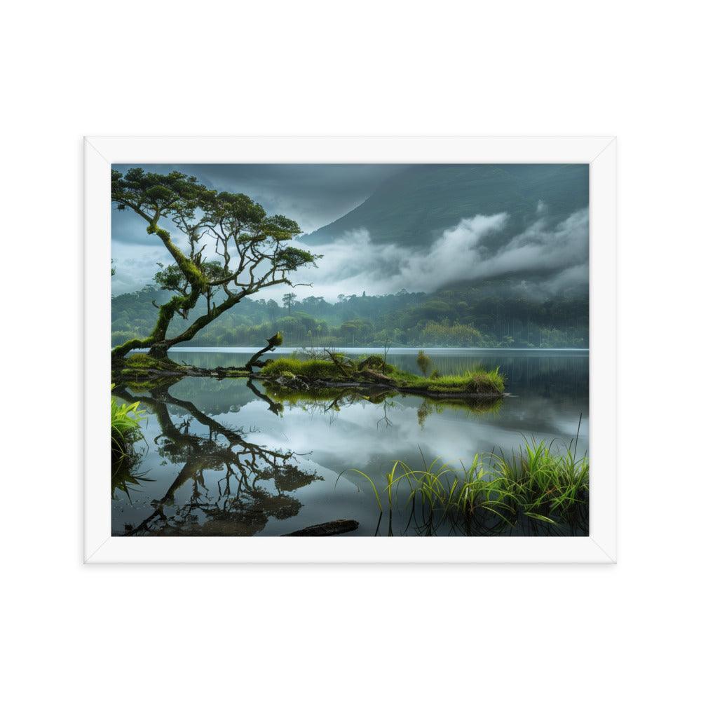 Indonesia Serene Lake Misty Mountains Framed Poster - Oh Posters