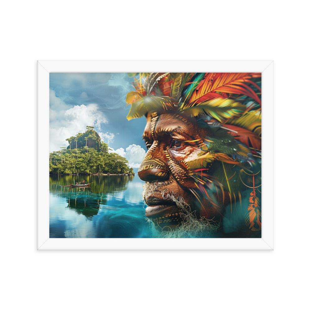 Papua New Guinea Indigenous Portrait and Island Landscape Framed Poster - Oh Posters