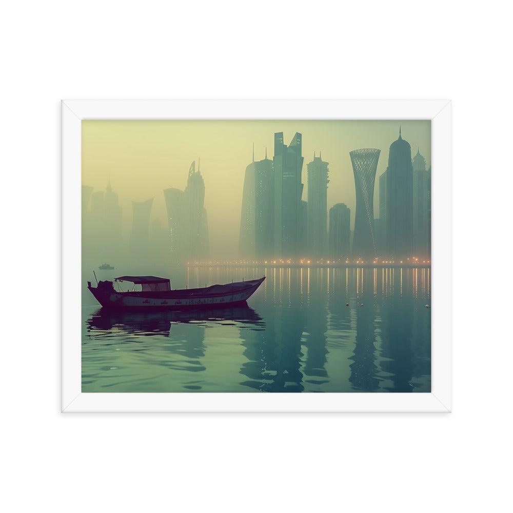 Qatar Foggy City Skyline Reflective Water Framed Poster - Oh Posters