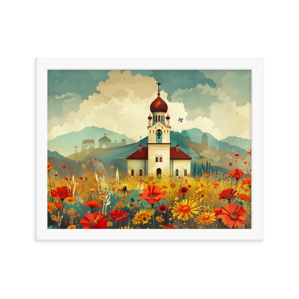 Romania Mountain Church Field of Flowers Framed Poster - Oh Posters