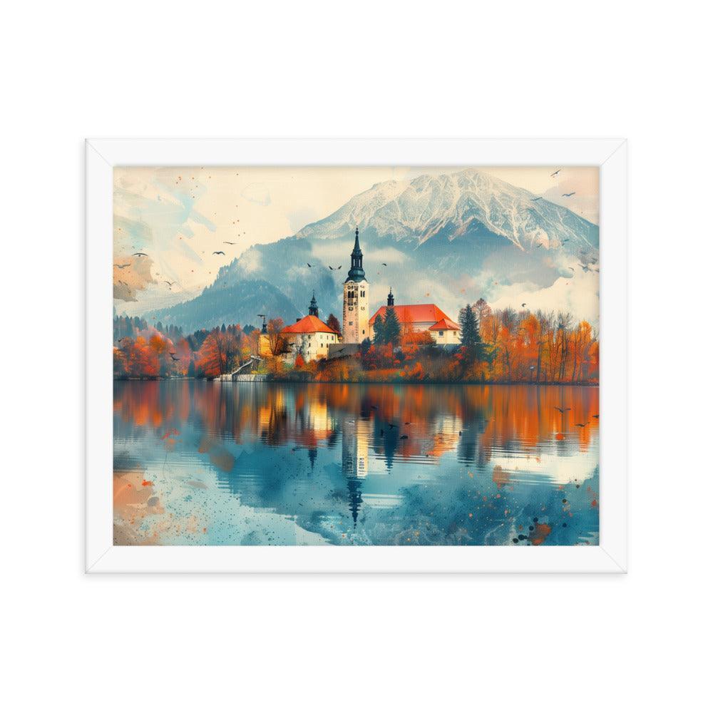 Slovenia Autumn Lakeside Church Reflection Framed Poster - Oh Posters