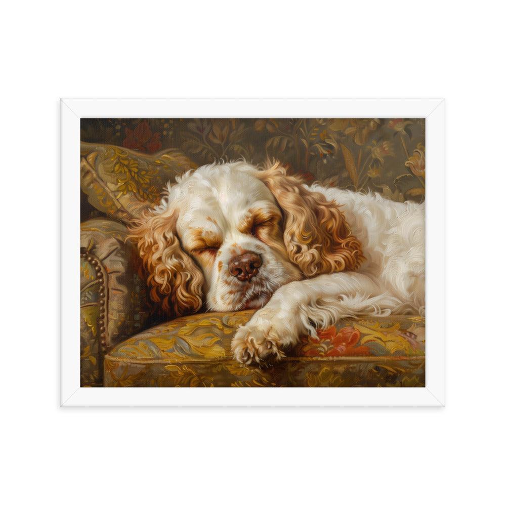 Clumber Spaniel Sleeping on Floral Sofa Painting Framed Poster - Oh Posters