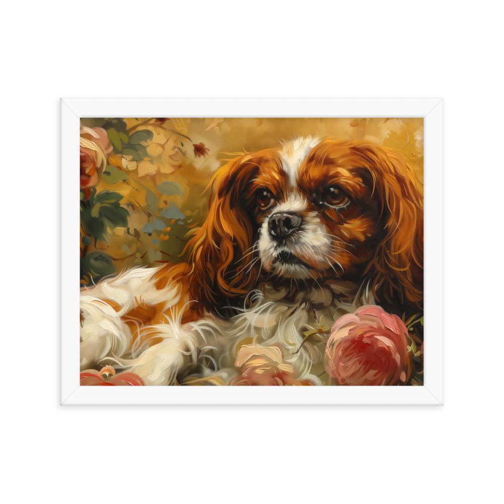 English Toy Spaniel Lying Among Roses Painting Framed Poster - Oh Posters