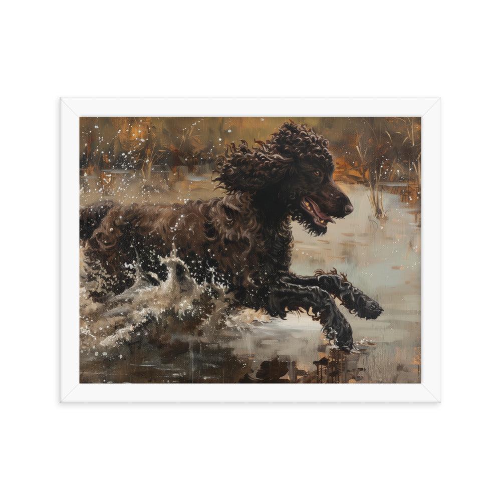 Irish Water Spaniel Splashing in Lake Art Framed Poster - Oh Posters