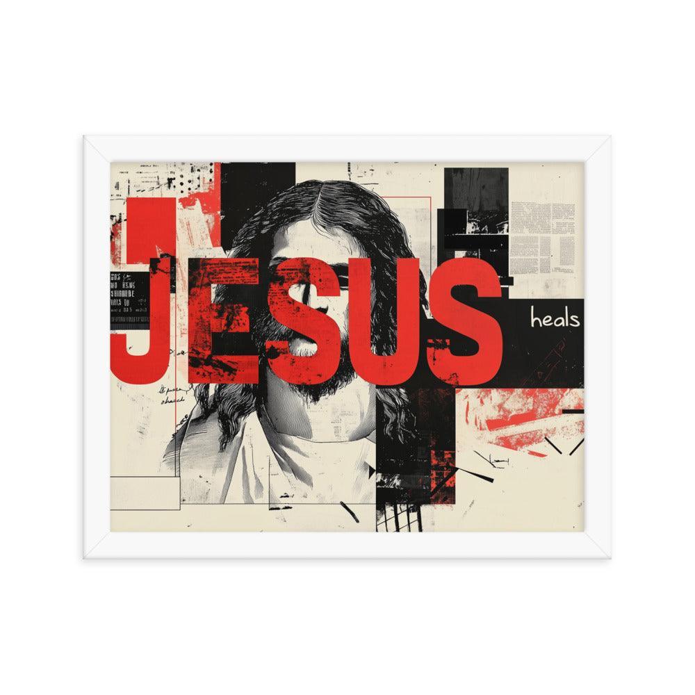 Jesus Typography Heals Abstract Collage Art Framed Poster - Oh Posters