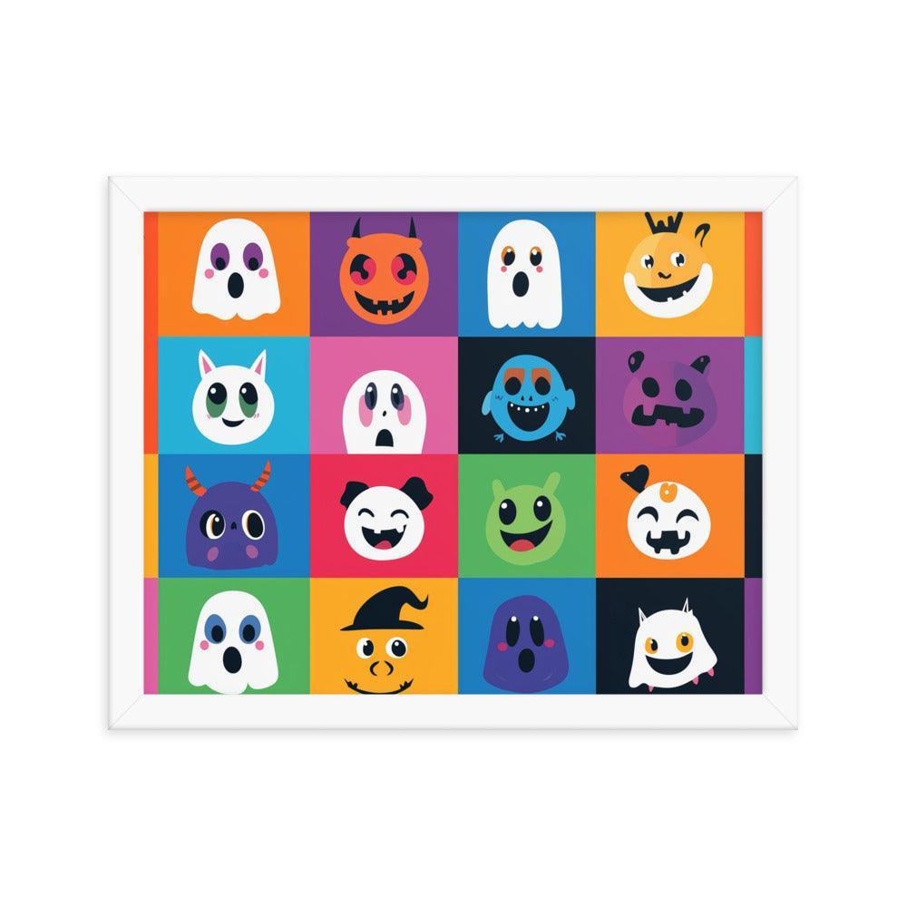 Cheerful Halloween Ghosts and Pumpkins Cartoon Faces Framed Poster - Oh Posters