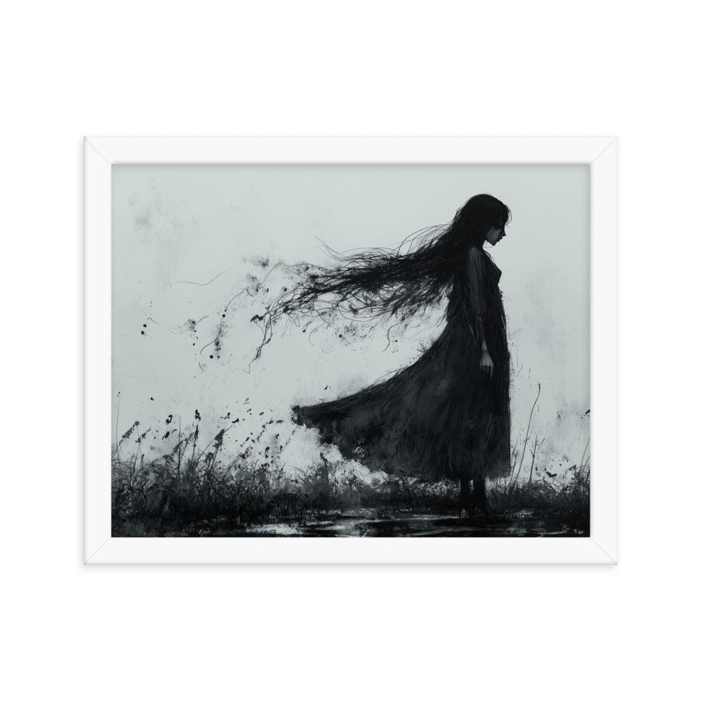 Dark Silhouette Woman in Gloomy Field Ink Illustration Framed Poster - Oh Posters