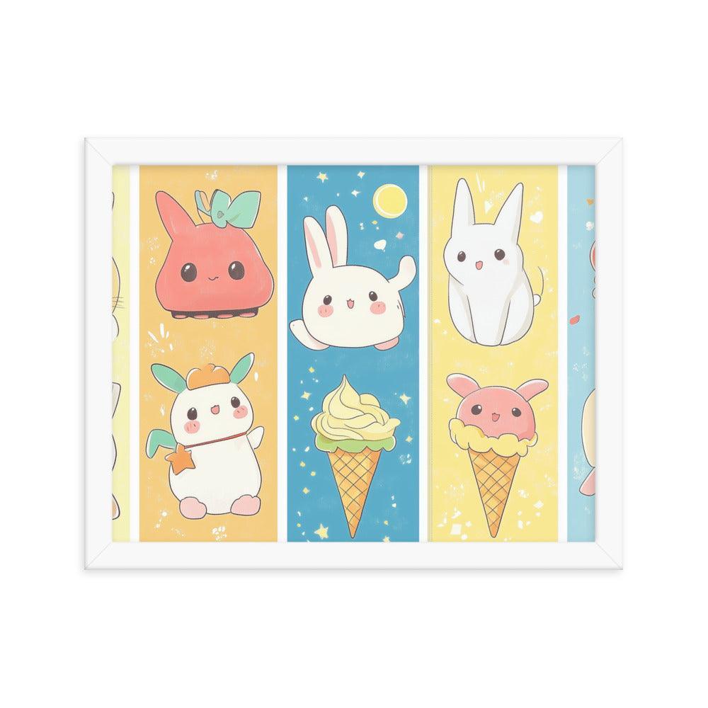 Kawaii Bunnies and Ice Cream Cute Character Strip Digital Art Framed Poster - Oh Posters