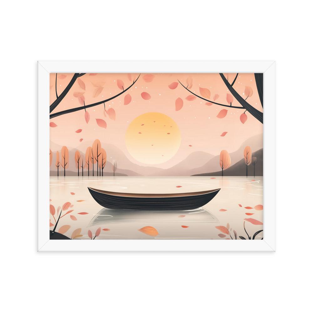 Peaceful Autumn Lake Scene with Soft Sunset and Falling Leaves Framed Poster - Oh Posters