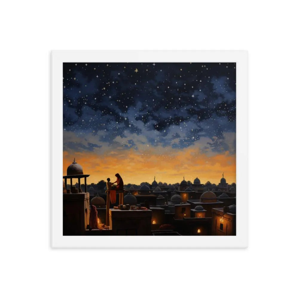 Indian Rooftop House Starry Night Sky Painting Framed Poster - Oh Posters