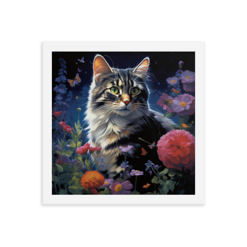 Cat in Moonlit Floral Garden Framed Poster - Oh Posters