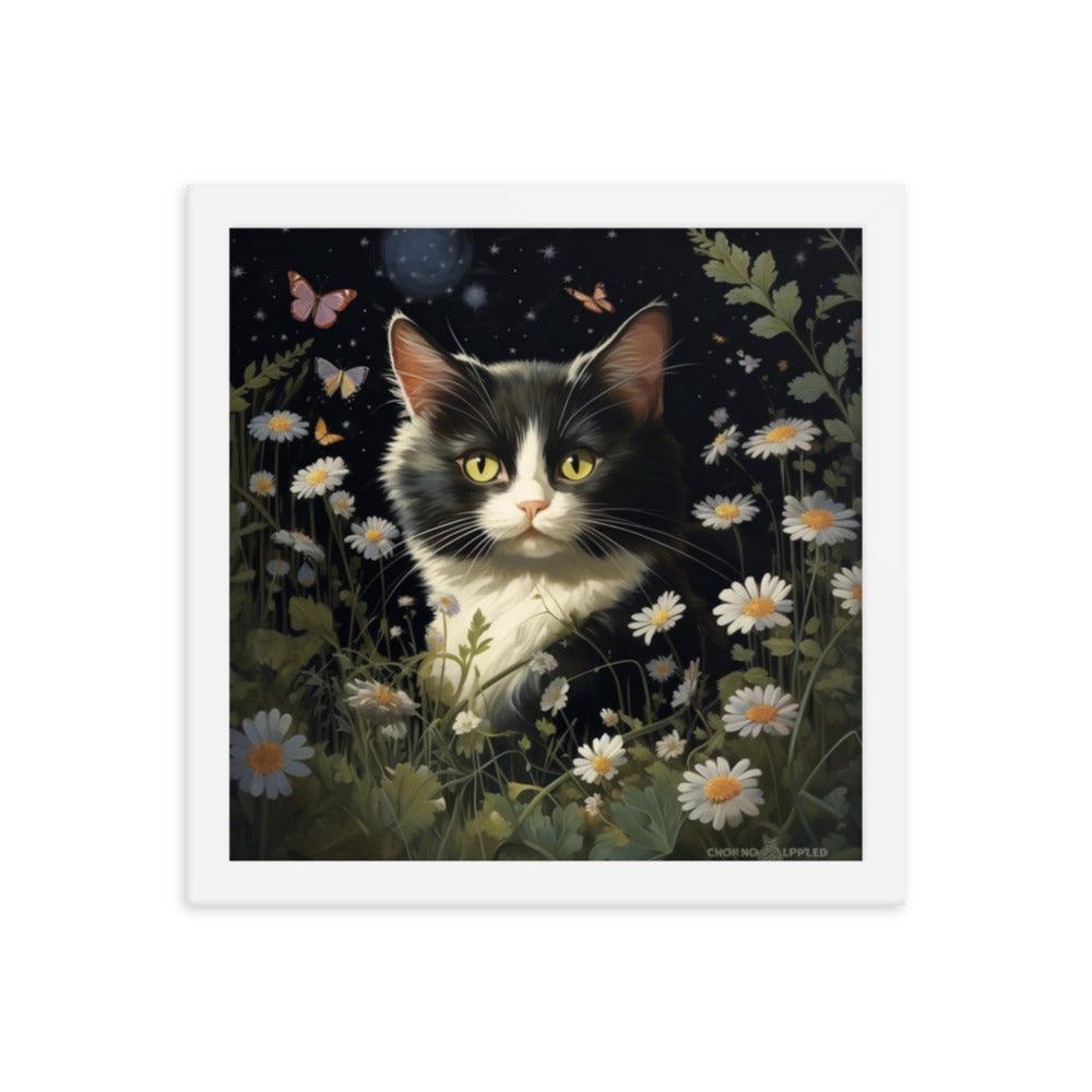 Cat in Moonlit Floral Garden Framed Poster - Oh Posters