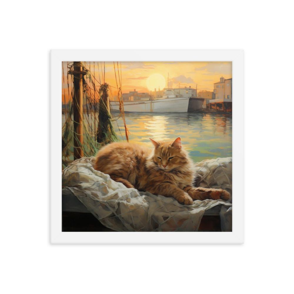 Cat Lounging at Seaside Harbor Framed Poster - Oh Posters