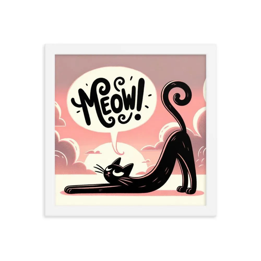Cat Stretching Saying Meow at Sunset Framed Poster - Oh Posters