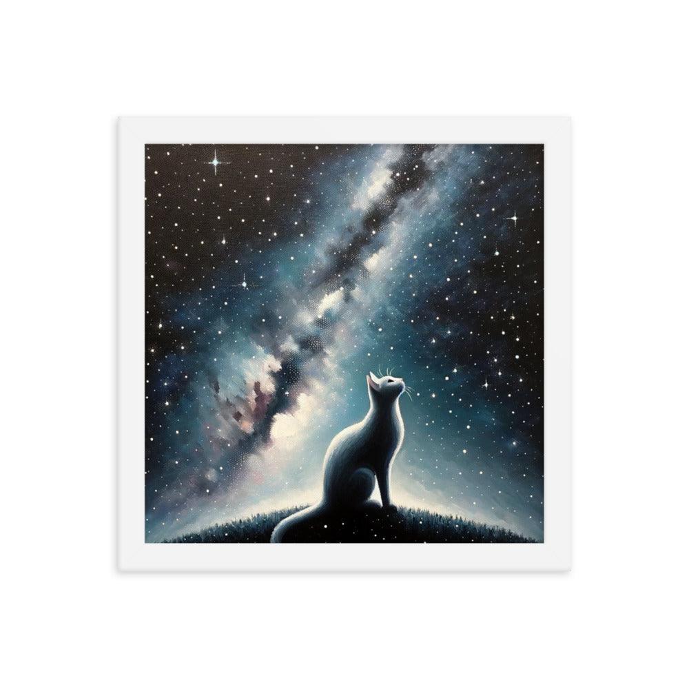 Cat on Hill Gazing at Moonlit Milky Way - Celestial Framed Poster - Oh Posters