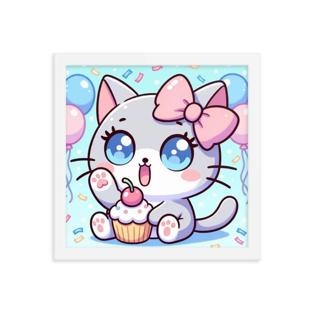 Kawaii Grey Cat with Cupcake Cute Anime Style Framed Poster - Oh Posters