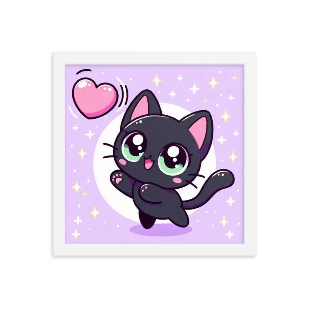 Kawaii Black Cat Heart Balloon Cute Illustration Framed Poster - Oh Posters