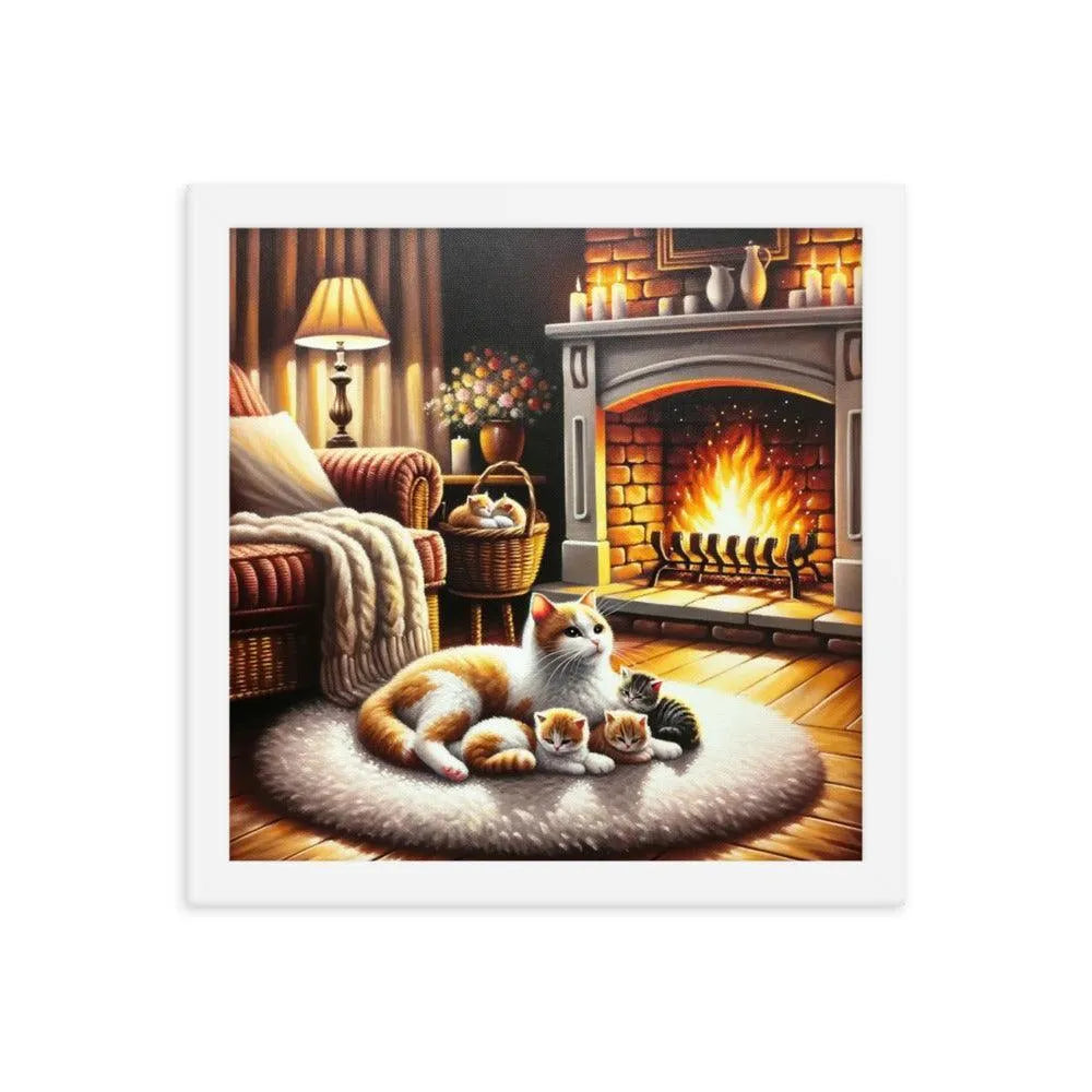 Cozy Fireplace Cat and Kittens Relaxing Art Framed Poster - Oh Posters