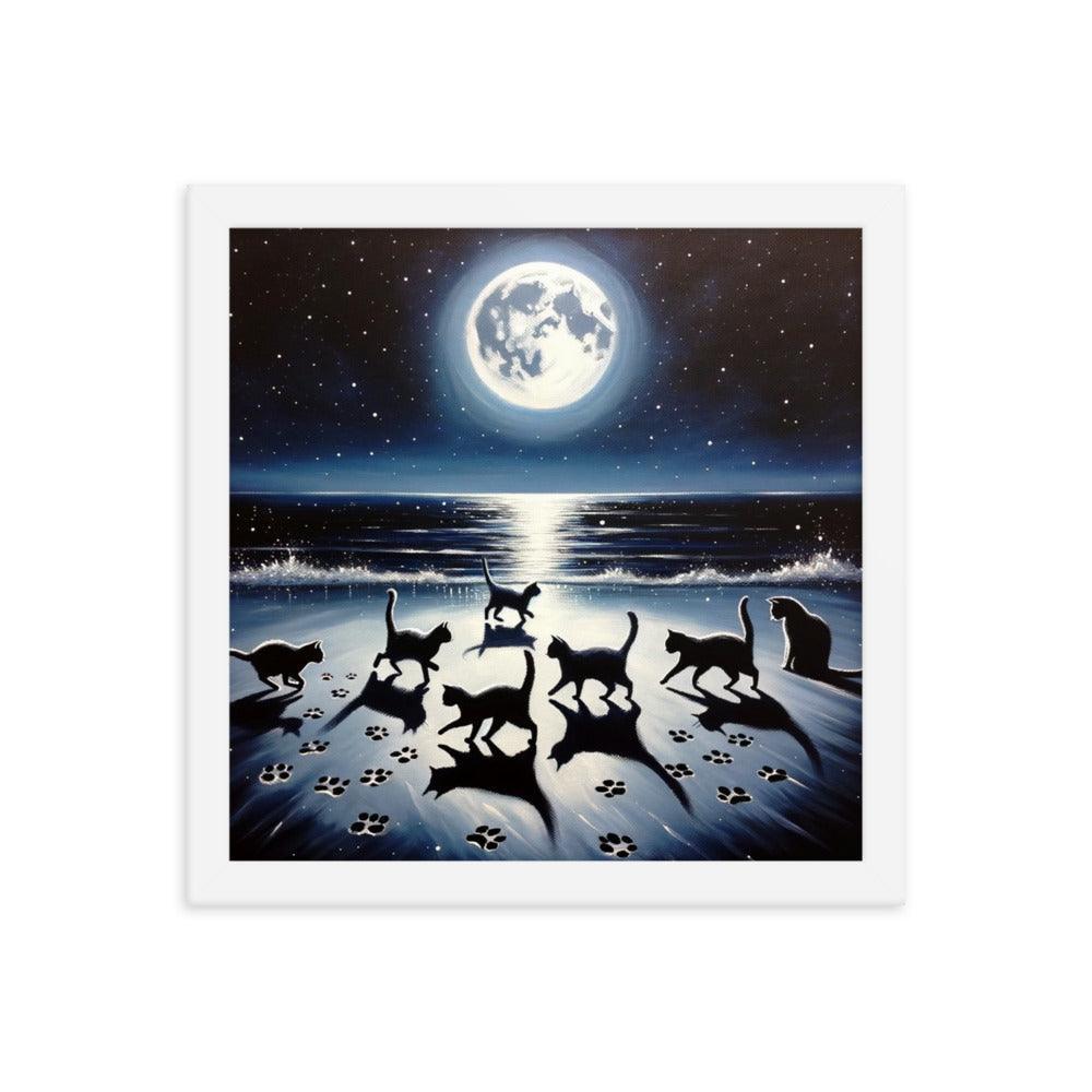 Cats Playing Tag on Moonlit Beach - Magical & Playful Framed Poster - Oh Posters