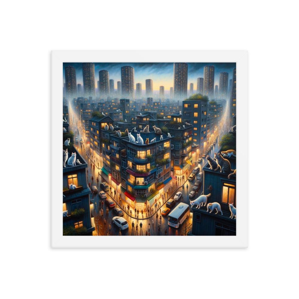 Cats' Twilight Cityscape Magical Glow Art Framed Poster - Oh Posters