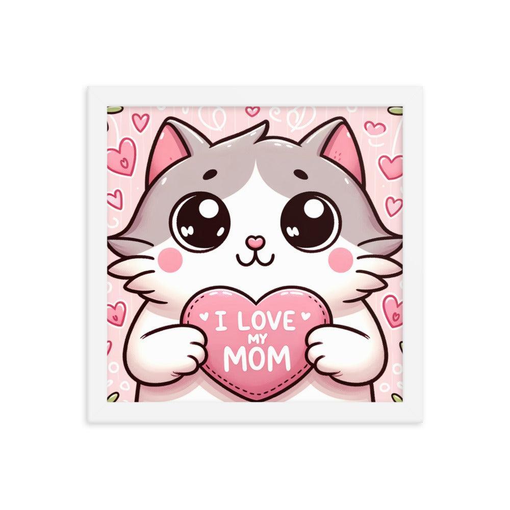 Cat Holding 'I Love My Mom' Sign on Lavender Heart Backdrop - Affectionate & Playful Framed Poster - Oh Posters