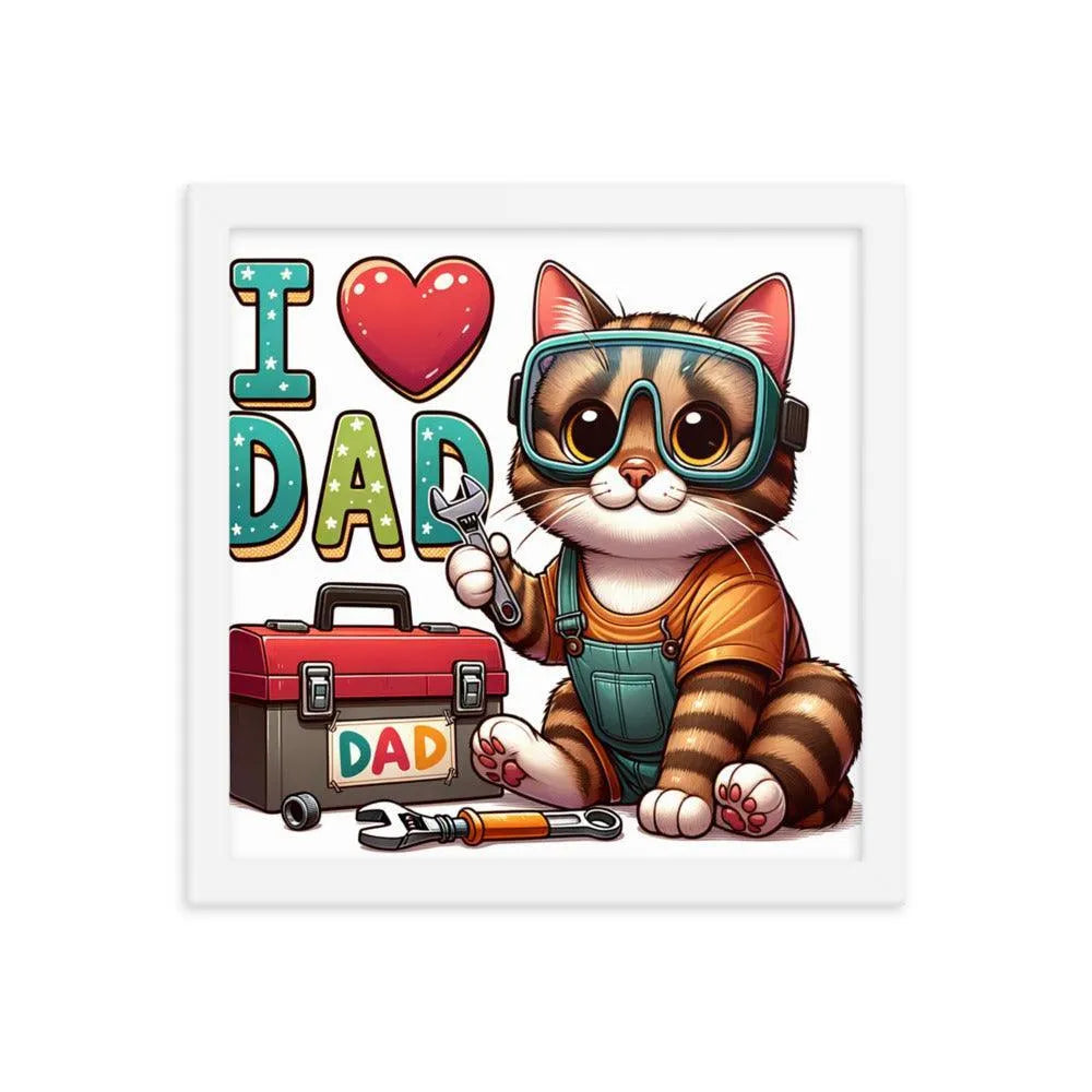 I Love Dad Handyman Cat Cartoon Framed Poster - Oh Posters