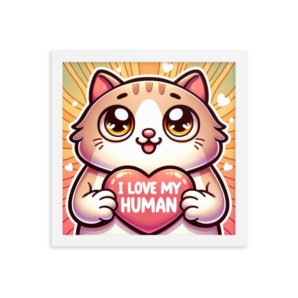 Cat with 'I Love My Human' Heart Sign on Warm Gradient - Affectionate Framed Poster - Oh Posters