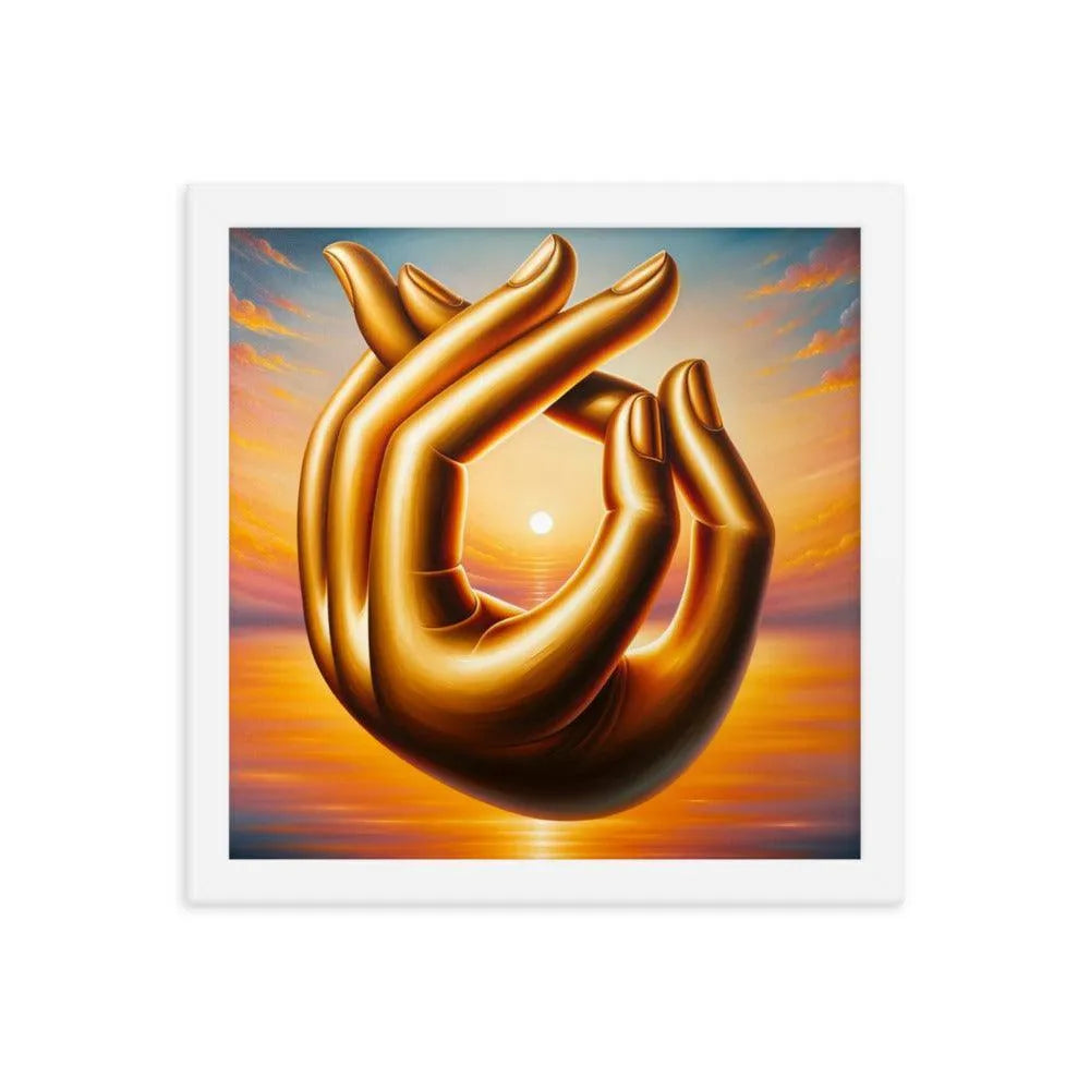 Golden Buddha Hands Meditation Sunset Oil Painting Framed Poster - Oh Posters