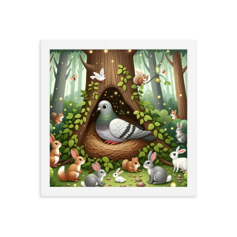 Pigeon in Forest Tree Hollow with Curious Creatures - Whimsical Woodland Framed Poster - Oh Posters