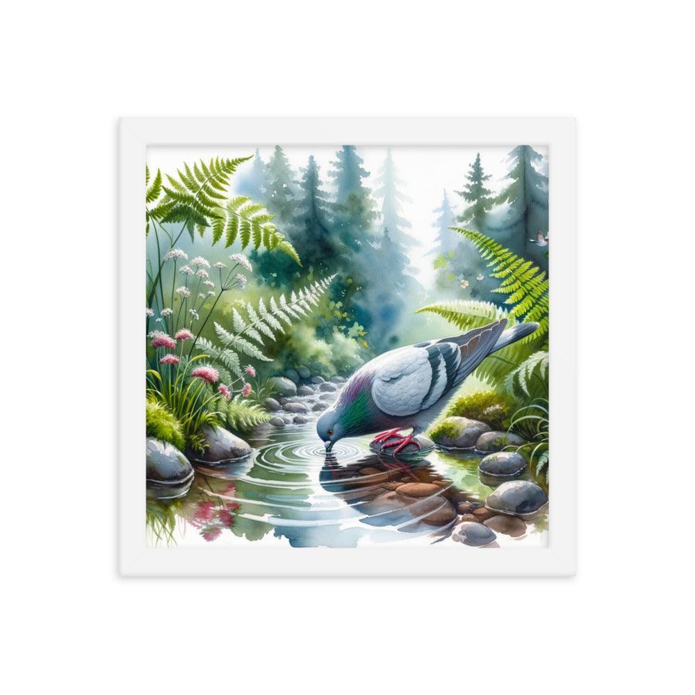 Pigeon Drinking from Forest Stream Art Framed Poster - Oh Posters