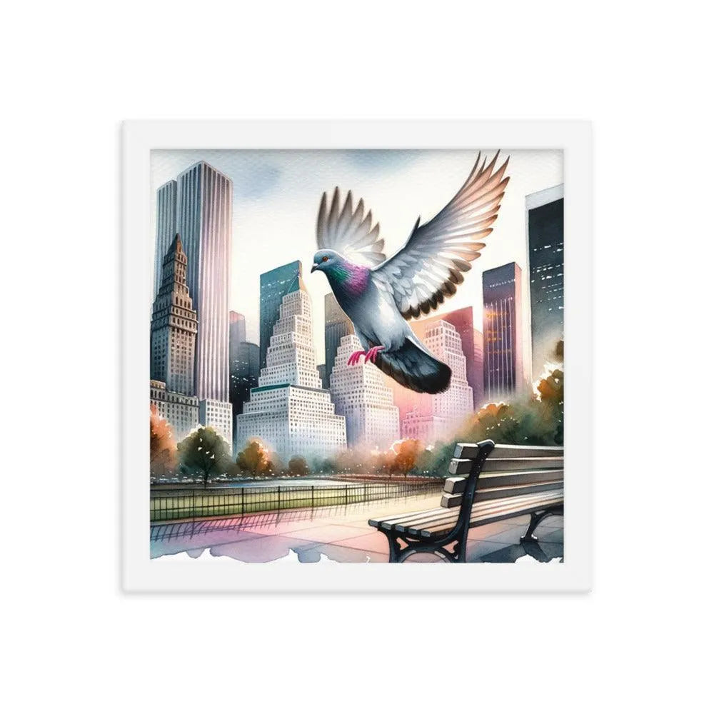 Urban Pigeon Over City Park Watercolor Illustration Framed Poster - Oh Posters