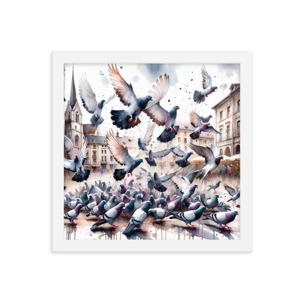 Pigeon Flock Dynamic Watercolor Cityscape Framed Poster - Oh Posters